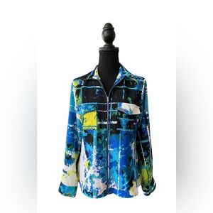 Tracy M: Vibrant Abstract Zip-Up Jacket Shirt with Two Snap Button Front Pockets